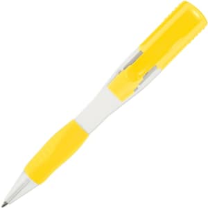 A USB pen in white and yellow, featuring a clip and a smooth finish. Includes a logo on the body.