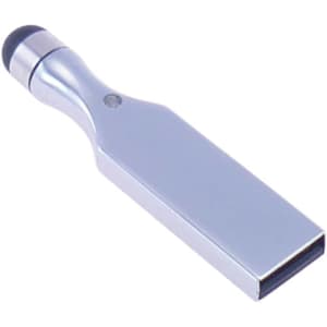 A shiny silver stylus USB drive with a rounded tip and a logo on the side.
