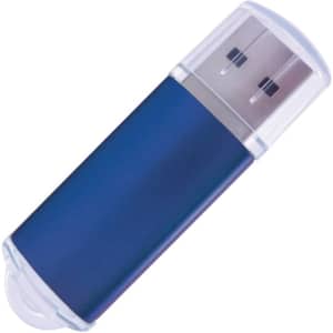 A blue flash drive with a clear cap, featuring USB connectors on both ends and a simple design.