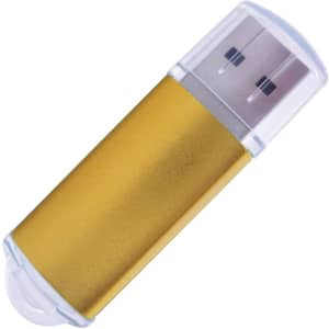 A gold flash drive with a clear cap, featuring a metallic finish and a USB connector.