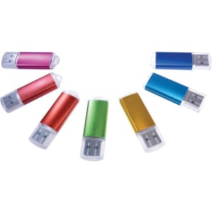 A collection of eight flash drives in pink, red, green, blue, and gold colours, featuring plastic casings and a logo.