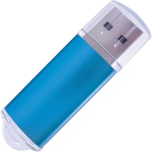 A blue flash drive with a transparent casing, featuring dual connectors.