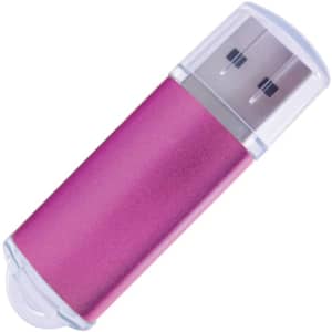 A pink USB flash drive with a transparent cap, featuring a metal connection end and a compact design.