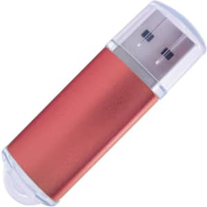 A red flash drive with a transparent cap, featuring a metallic finish and a USB connector.
