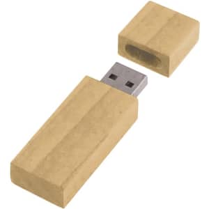 A slim bamboo flash drive in a natural wood finish, featuring a removable cap. It has a silver USB connector.