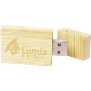 A bamboo USB drive featuring a silver connector and a logo, showcasing natural hues of light and dark bamboo.