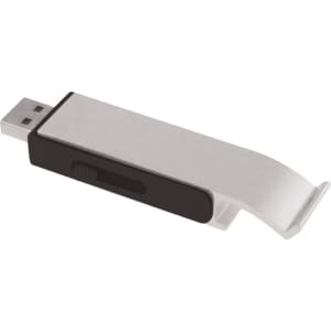 A drink bottle opener combined with a silver and black flash drive, featuring a sliding mechanism.