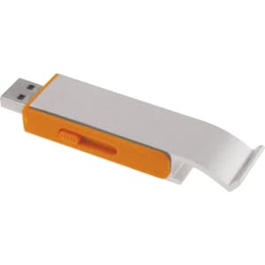 A drink bottle opener and flash drive in orange and silver, featuring a logo on the side.