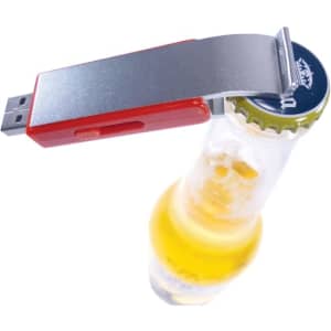 A drink bottle with a silver bottle opener attached, featuring a red casing and a flash drive.