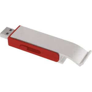 A drink bottle opener and flash drive in silver and red with a sliding mechanism and a logo.