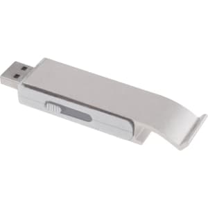 A silver bottle opener with a built-in flash drive, featuring a sliding mechanism for USB connection.