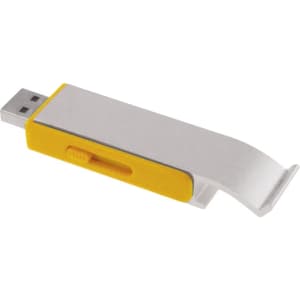 A drink bottle opener and flash drive in yellow and silver with a compact, slide mechanism. It features a logo.