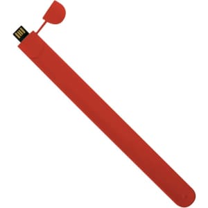 A red, elongated USB flash drive with a protective cap. It features a minimalist design and a logo.
