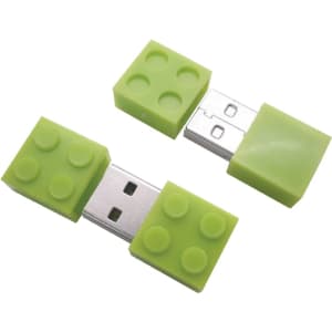 A green building block-shaped flash drive with a removable cap, featuring a silver USB connector.
