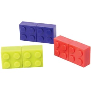 A building block flash drive featuring vibrant colours: yellow, blue, red, and green. It has a logo on it.