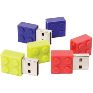 A set of colourful USB flash drives shaped like building blocks, featuring red, blue, green, and yellow colours.