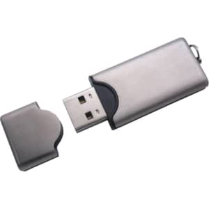 A silver flash drive with a removable cap, featuring a sleek metallic design and a built-in keyring loop.