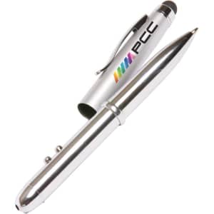 A silver 4-in-1 stylus pen with a logo, featuring a stylus tip and ballpoint tip.