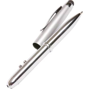 A silver stylus 4-in-1 pen featuring a smooth finish and a clip for attachment, with a stylus tip at one end.