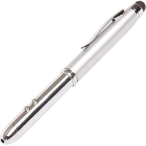 A silver stylus 4n1 pen featuring a sleek design and a clip for easy attachment. Includes a logo on the body.