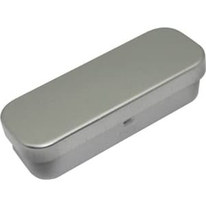 A silver tin box with a rectangular shape and rounded edges, featuring a hinged lid.
