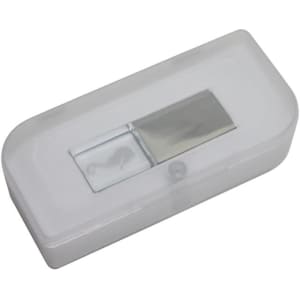 A clear plastic case containing a silver 3D crystal flash drive. The drive is rectangular and sleek in design.