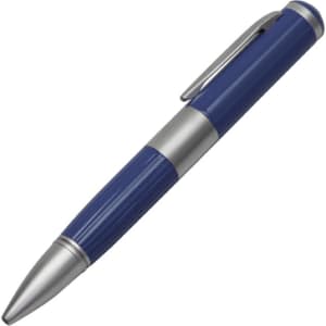 A metal pen featuring a blue body with silver accents and a clip, complete with a branding logo.