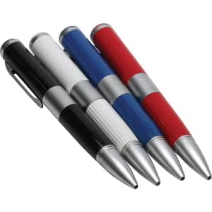 A collection of four metal pens in black, white, blue, and red, featuring silver accents and a logo.