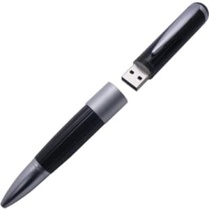 A black and silver metal pen with a USB drive component, featuring a logo on its body.