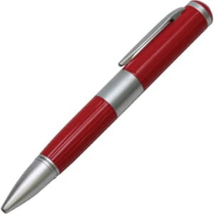 A metallic pen with a red barrel and silver accents, featuring a clip and sleek design.