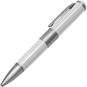 A metal pen in white and silver, featuring a sleek design and a clip for attachment.