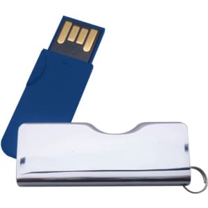 A silver and blue flash drive with a sleek design, featuring a removable cap and a keyring attachment.