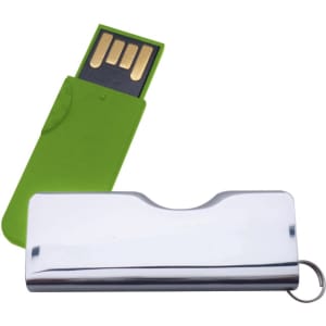A green and silver flash drive with a sleek design and a keyring attachment, featuring gold connectors.