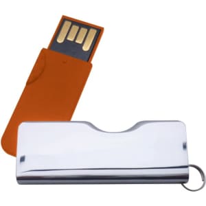 A shiny silver flash drive with an orange protective casing. It features a keyring attachment for convenience.