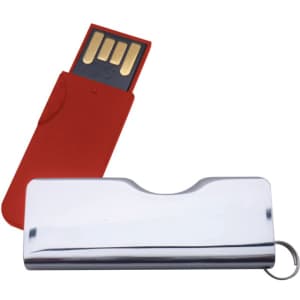 A shiny silver flash drive with a red case, featuring a loop for attachment and gold connectors.
