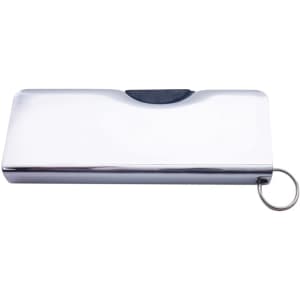 A shiny silver flash drive with a keyring attachment, featuring a smooth, sleek design.