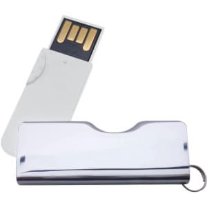A sleek silver flash drive with a white casing, featuring a keyring attachment for portability.