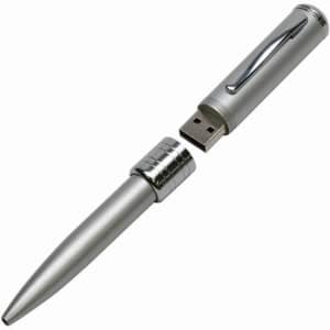 A metal pen with a sleek silver design that features a removable USB drive. It has a clip and smooth finish.
