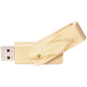 A bamboo swivel flash drive with a wooden finish, featuring a USB connector and a swivel mechanism.