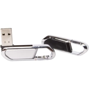 A silver carabiner flash drive with a USB connector, featuring a sleek design and a small logo.