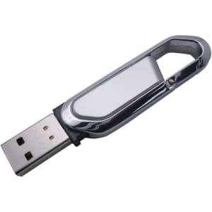 A silver carabiner flash drive featuring a shiny metallic finish and a traditional USB connector.
