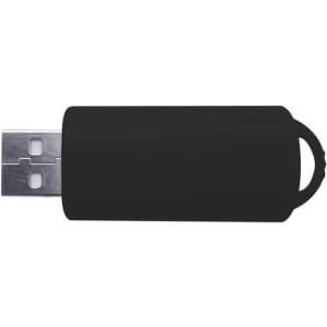 A black flash drive featuring a smooth design and a loop for easy attachment. It has a metallic connector end.