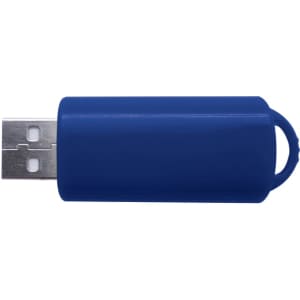 A blue USB flash drive with a protective cover and a loop for attachment.