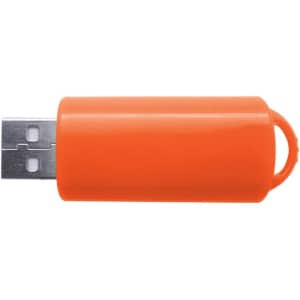 An orange flash drive with a protective cap and a loop for attachment. It features a silver USB connector.