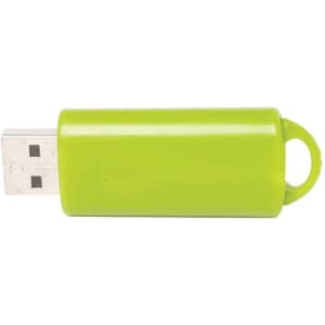 A bright green flash drive with a USB connector and a loop for easy attachment, featuring a logo.