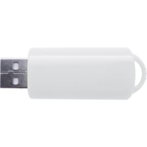 A white flash drive with a metallic connector and a loop at one end, featuring a logo.