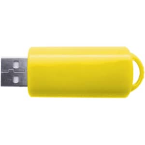 A yellow USB flash drive with a rounded design and a connector on one end. It features a branding logo.