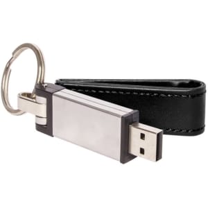 A silver USB flash drive with a black PU leather wrap, attached to a keyring.