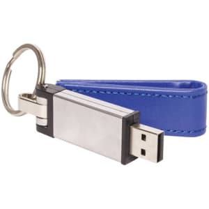 A silver USB flash drive with a blue PU leather strap and keyring attachment.