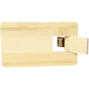 A bamboo credit card drive in a rectangular shape, featuring a sliding USB connector. Natural wood finish.